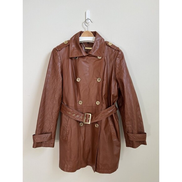 IMAN Brown Genuine Leather Double-Breasted Trench Coat Size L Belted Lined - Picture 1 of 11
